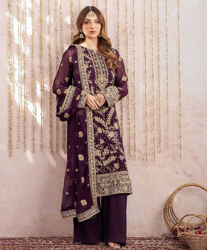 Plum purple heavy embroidered organza pakistani suit