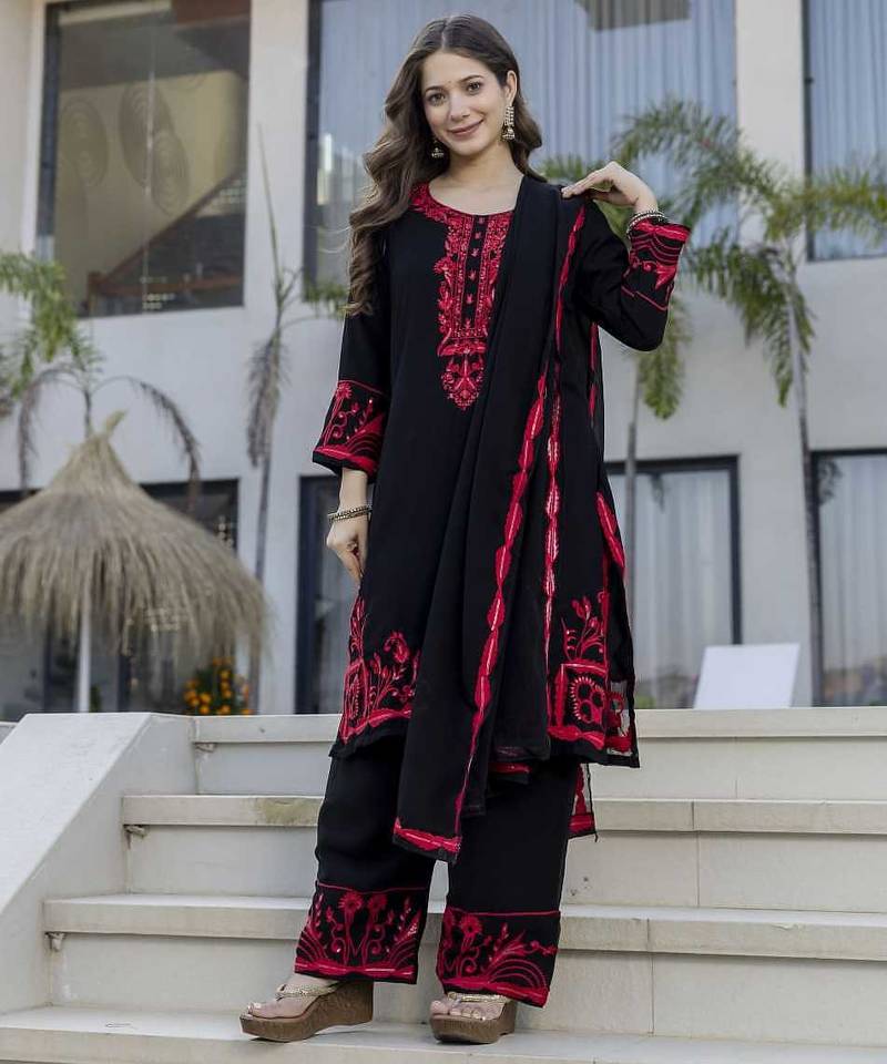 Designer black sharara set with intricate silver sequin embroidery