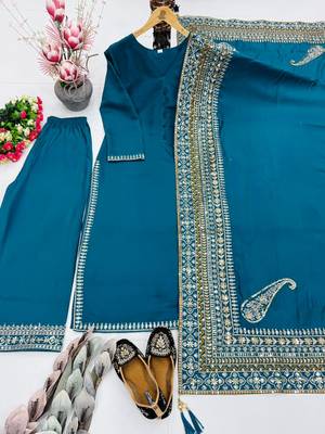 stunning teal blue crepe silk straight-cut suit  2