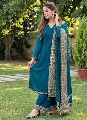 stunning teal blue crepe silk straight-cut suit  1