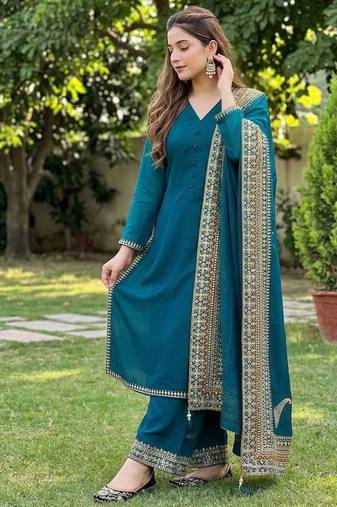 stunning teal blue crepe silk straight-cut suit 