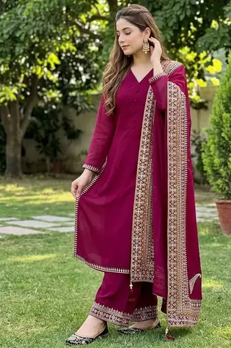 Deep plum purple crepe salwar suit with ornate geometric border dupatta