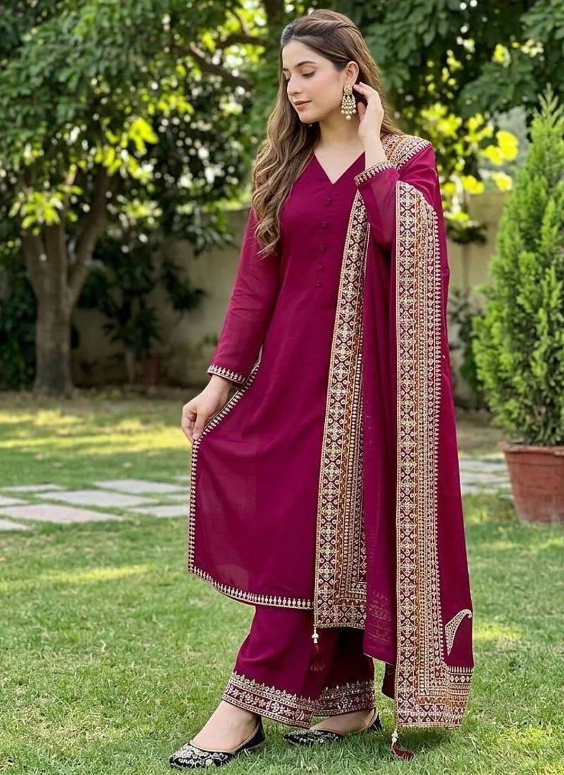 deep plum purple crepe straight-cut suit 