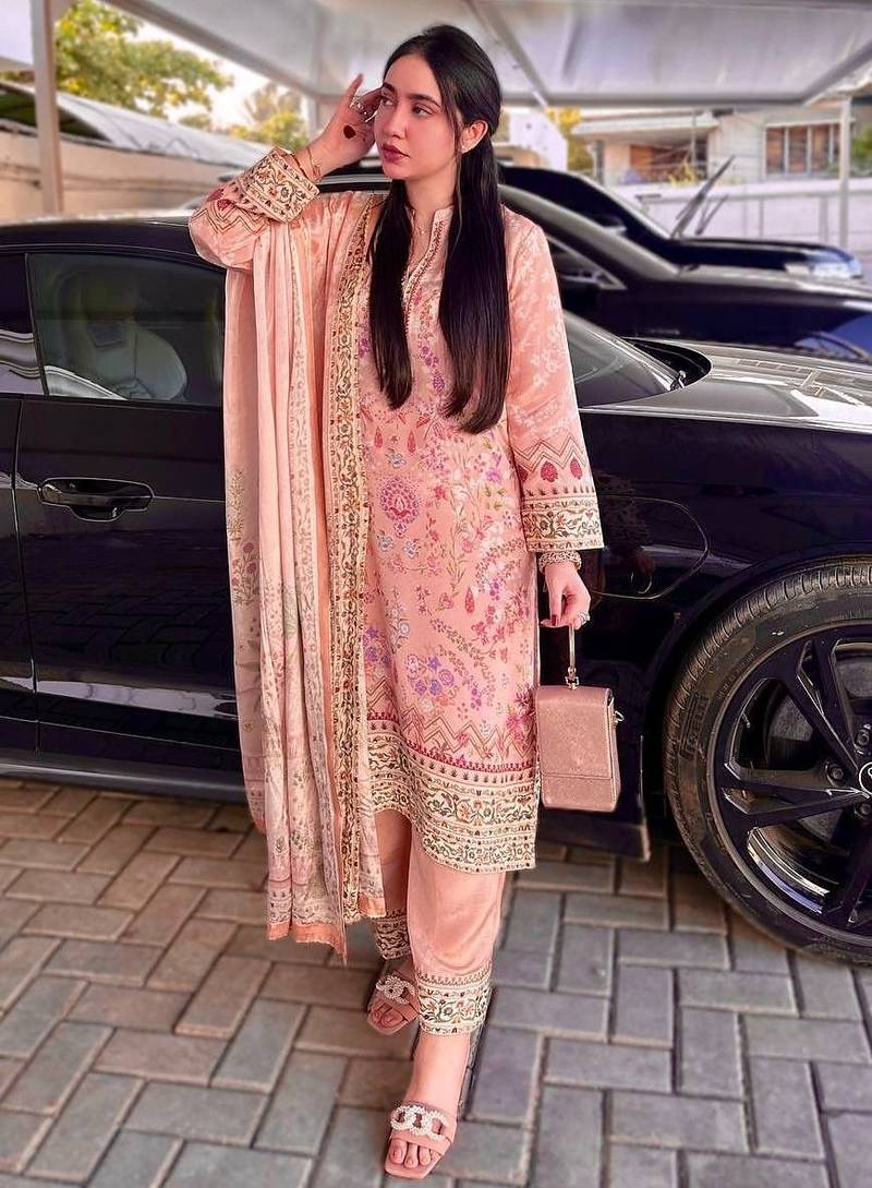 soft peach floral print kurta set 
