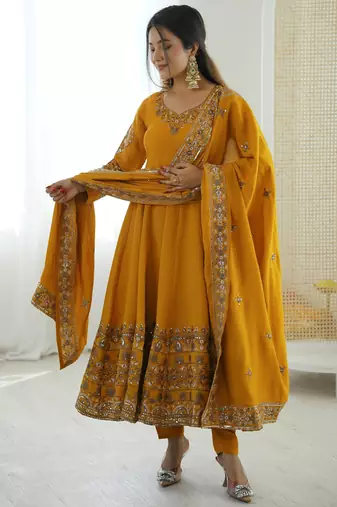 soft peach floral print anarkali set 