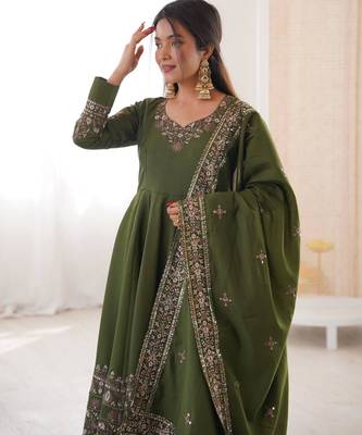 olive green silk embroider anarkali set  2