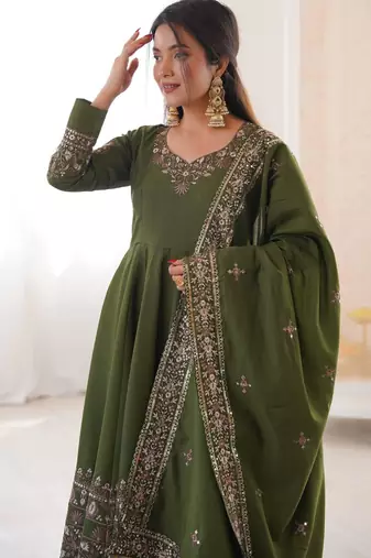 olive green silk embroider anarkali set 