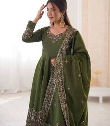Olive green silk kurta set with intricate gold zari hand-embroidery