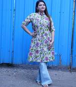 Off White Kalamkari A Line Band Collar Kurti