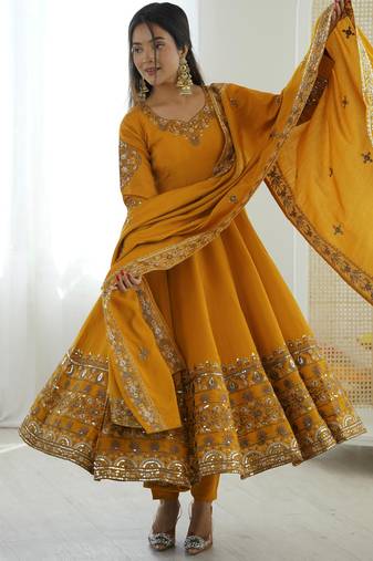 soft peach floral print anarkali set 