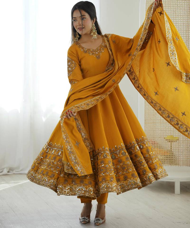 soft peach floral print anarkali set 