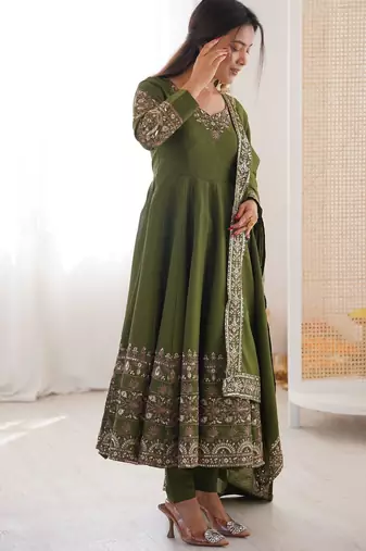 olive green silk embroider anarkali set 
