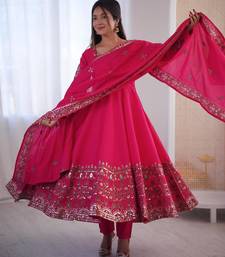 Hot pink flared anarkali suit with silver mirror work border