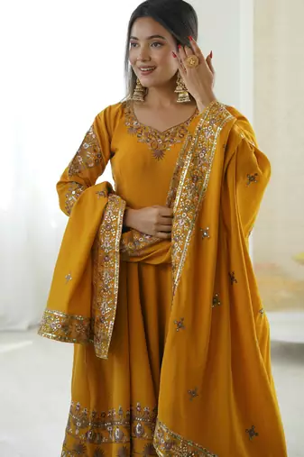 soft peach floral print anarkali set 