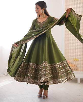 olive green silk embroider anarkali set  1
