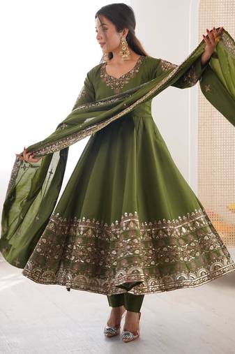 olive green silk embroider anarkali set 