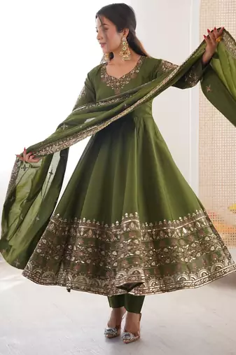 Olive green silk kurta set with intricate gold zari hand-embroidery