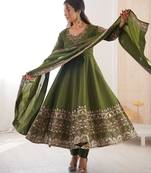 Olive green silk kurta set with intricate gold zari hand-embroidery
