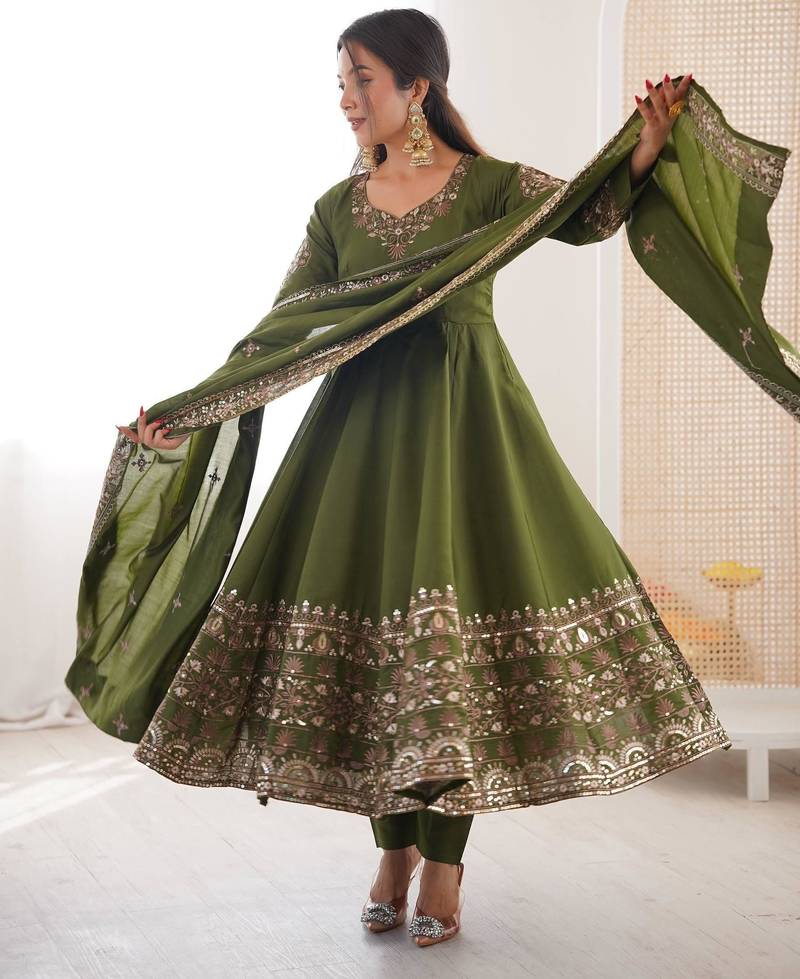 Olive green silk kurta set with intricate gold zari hand-embroidery