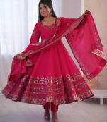 Hot pink flared anarkali suit with silver mirror work border