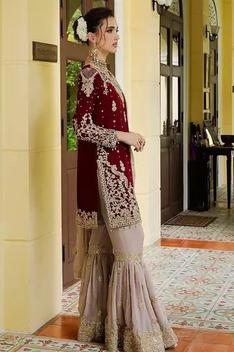deep maroon velvet sharara set