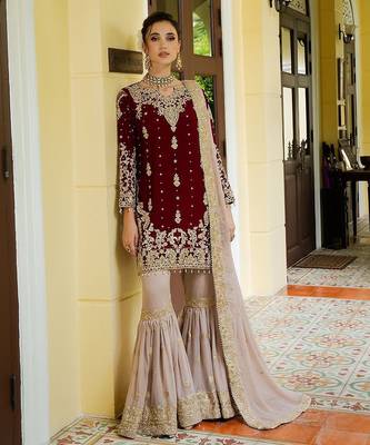 deep maroon velvet sharara set 1
