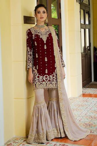 deep maroon velvet sharara set