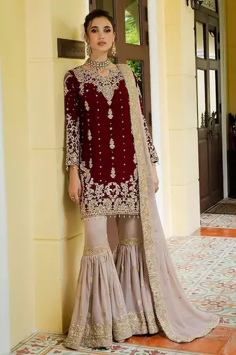 deep maroon velvet sharara set