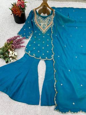 majestic teal blue silk sharara set  2