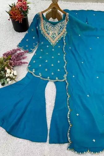 majestic teal blue silk sharara set 