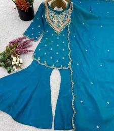 Majestic teal blue silk sharara set with scalloped embroidery details