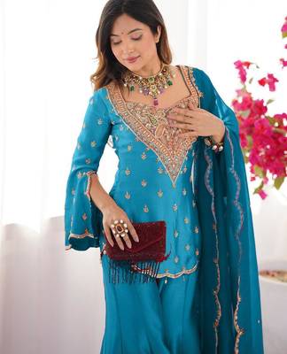 majestic teal blue silk sharara set  3
