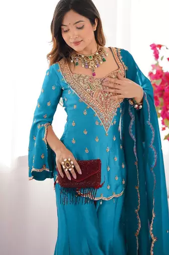 majestic teal blue silk sharara set 