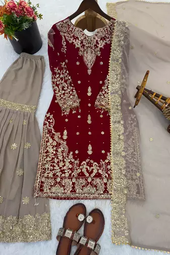 deep maroon velvet sharara set