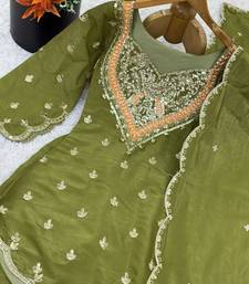 Earthy olive green silk gharara set with traditional zardosi work