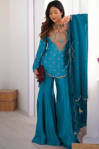 majestic teal blue silk sharara set 