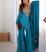 majestic teal blue silk sharara set 