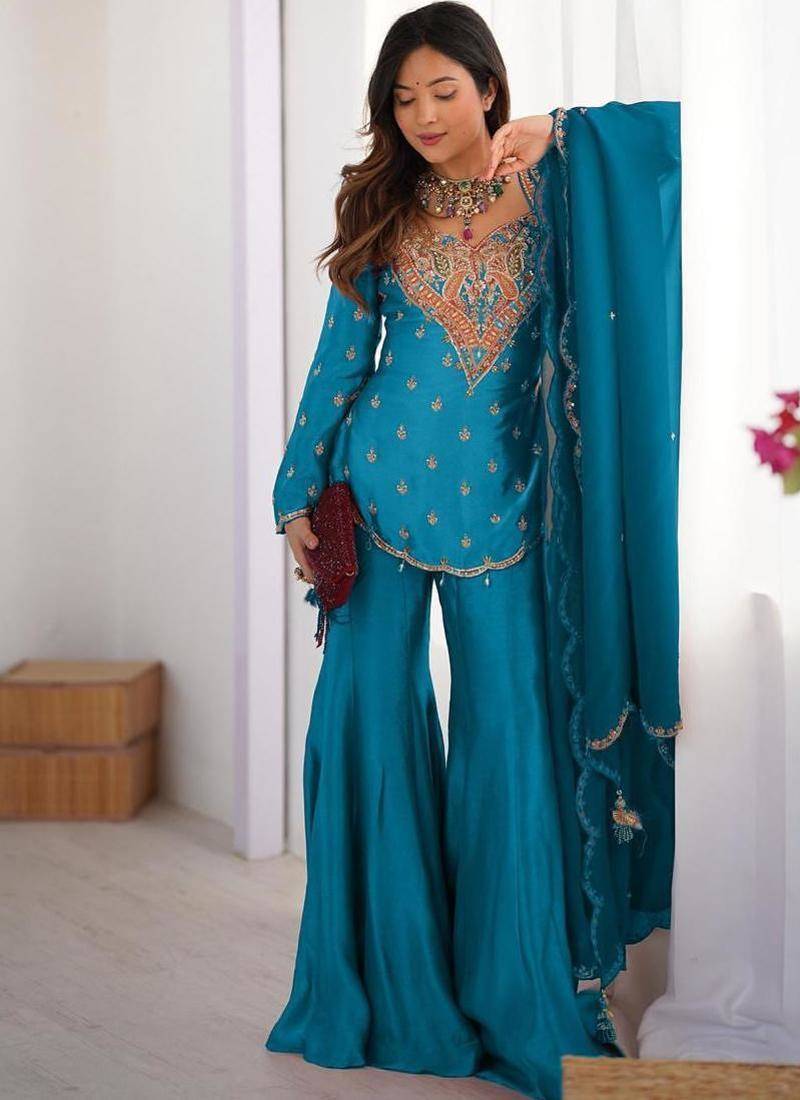 Majestic teal blue silk sharara set with scalloped embroidery details