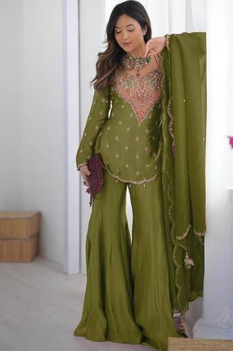 earthy olive green silk gharara set