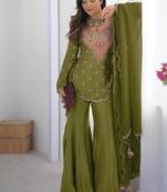 Earthy olive green silk gharara set with traditional zardosi work