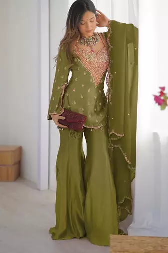 earthy olive green silk gharara set