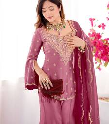 Mauve silk short kurti and gharara set with heavy neckline embroidery