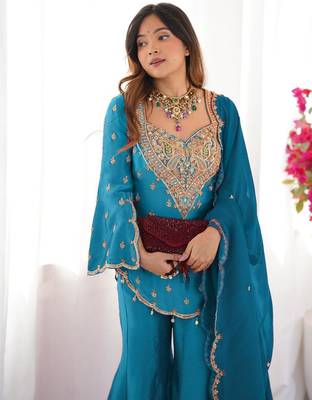 majestic teal blue silk sharara set  4