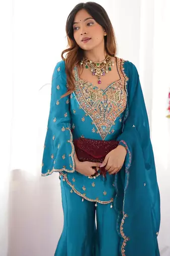 majestic teal blue silk sharara set 