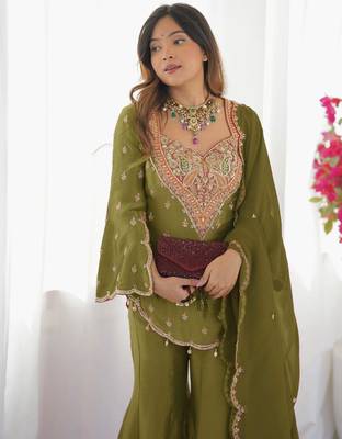 earthy olive green silk gharara set 4