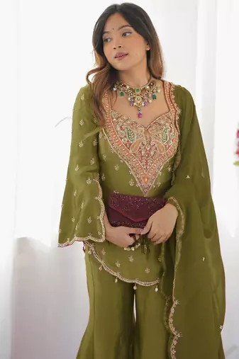 earthy olive green silk gharara set