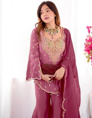 mauve silk short kurti and gharara set 3