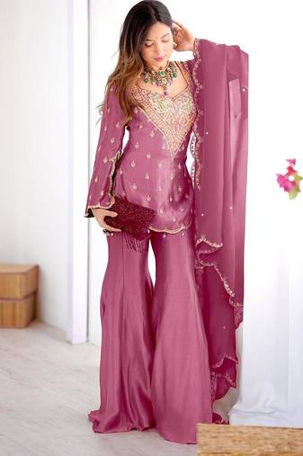 mauve silk short kurti and gharara set