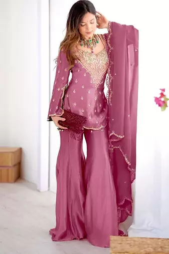 Mauve silk short kurti and gharara set with heavy neckline embroidery