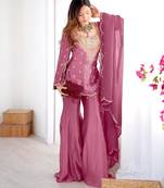 Mauve silk short kurti and gharara set with heavy neckline embroidery